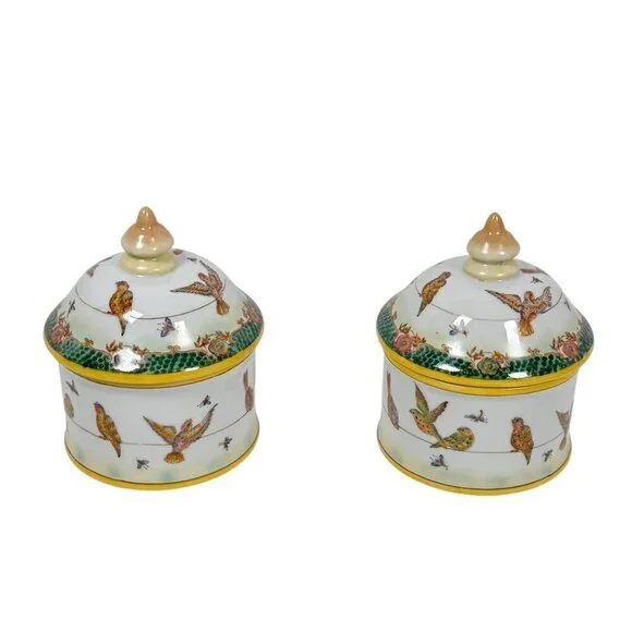 VTG Ceramic Hand Painted Lidded Jar Set Dish Asiatides Mark Chinese Birds 2PCs - Picture 12 of 15